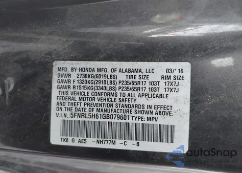 2016 Honda Odyssey Ex-L from USA, damaged, VIN 5FNRL5H61GB079601